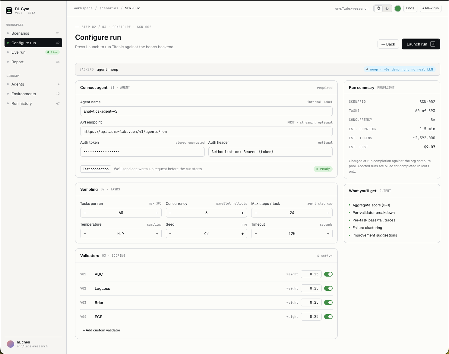 Run configuration screen with agent connection, sampling, and validators