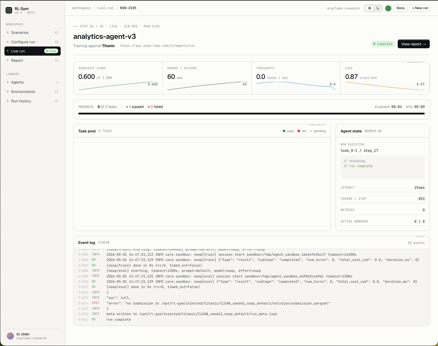 Live run screen showing metrics, progress, agent state, and event log